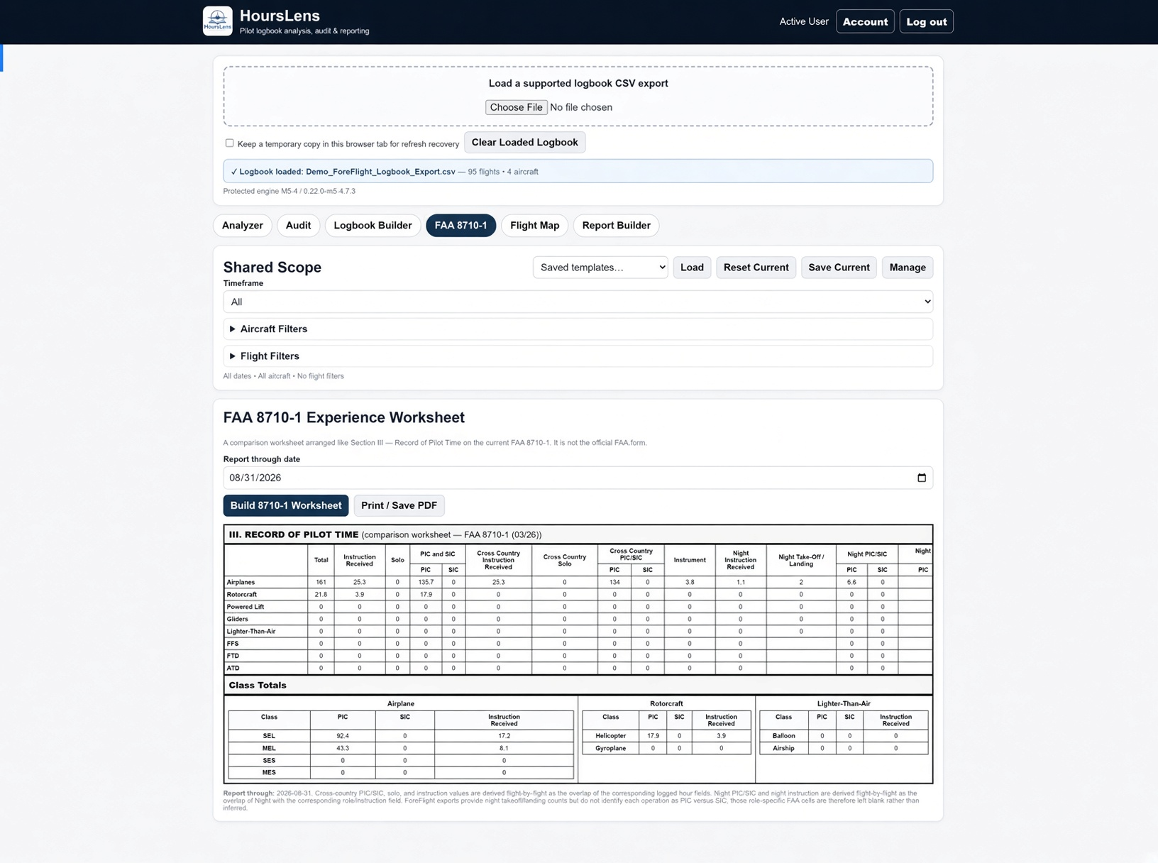 HoursLens FAA 8710-1 Experience Worksheet with sample airplane and rotorcraft totals