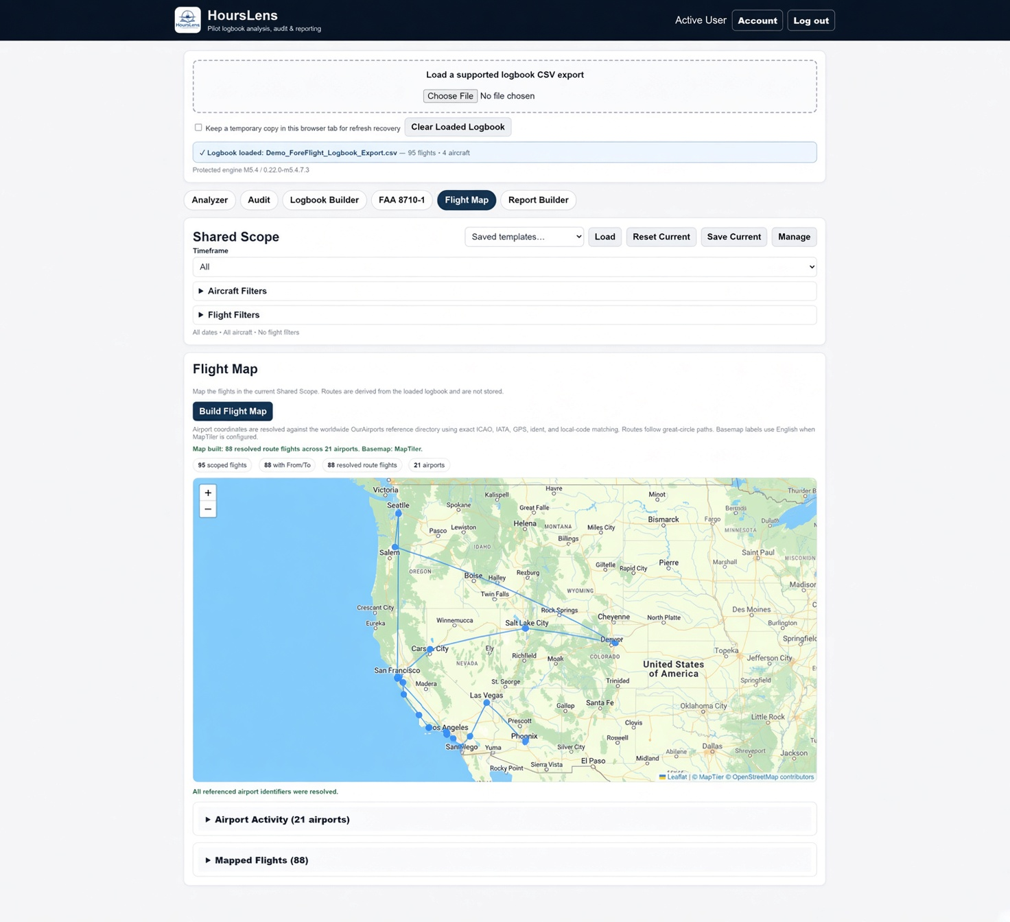 HoursLens Flight Map showing sample routes across the western United States
